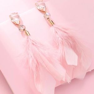 Light Pink Feather Earrings Fluffy Soft Rhinestone Large Dangle Jewelry NEW